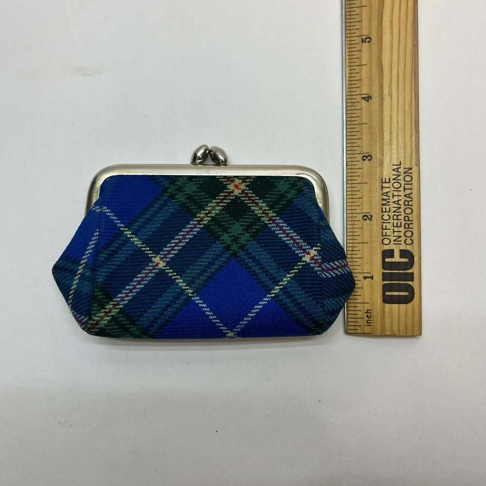 Vintage Blue Green Plaid Tartan Coin Purse Kiss Lock Clasp Small Pouch Wallet‎